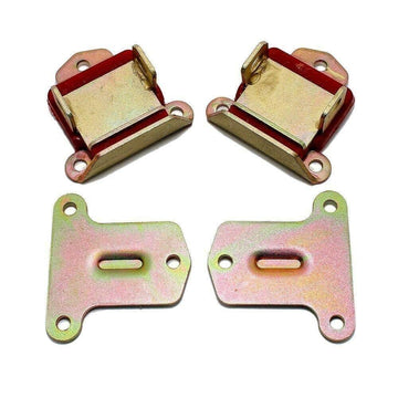 Red polyurethane 3-bolt motor mounts with frame brackets for an LS swap